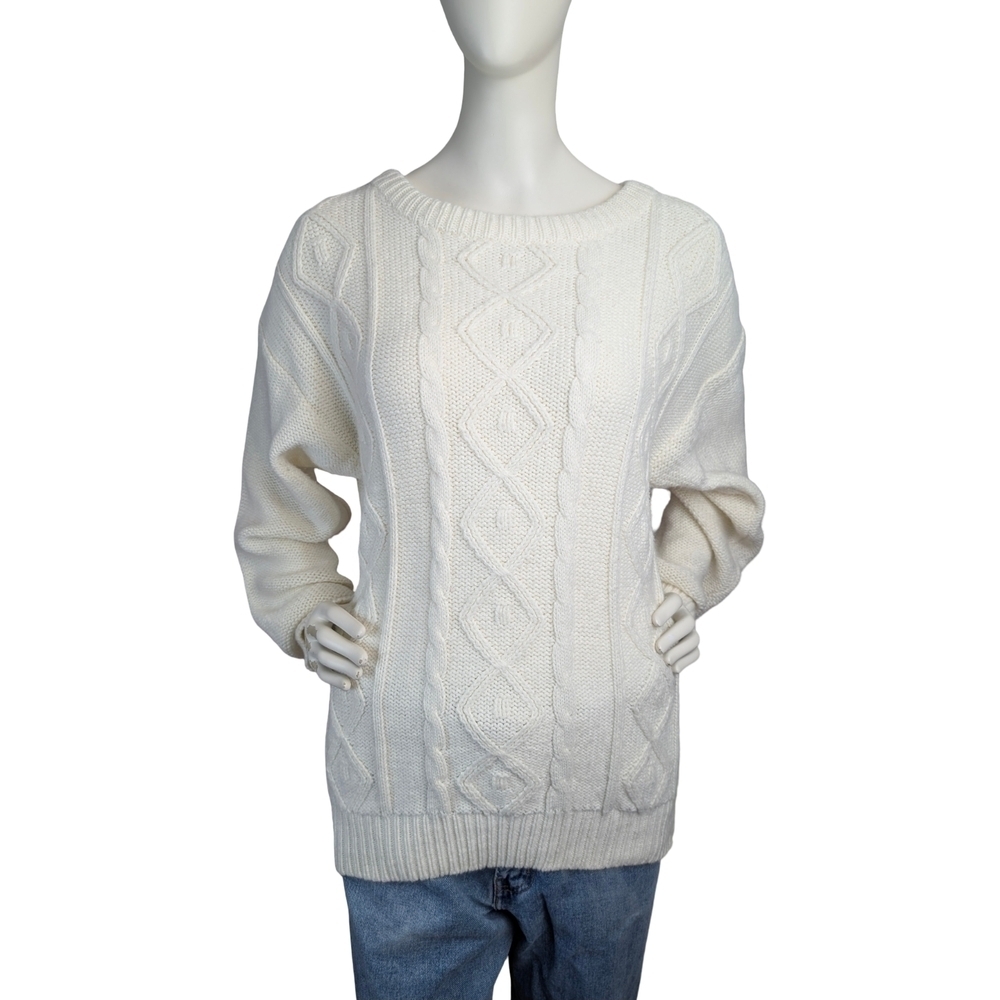 Vintage Cream Cable Knit Fisherman Sweater – Ultra-Soft Classic Pullover (M/L)